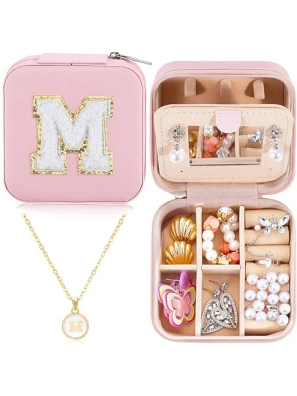 Initial Travel Jewelry Box Organizer Mirror Case PU Leather Storage Pink